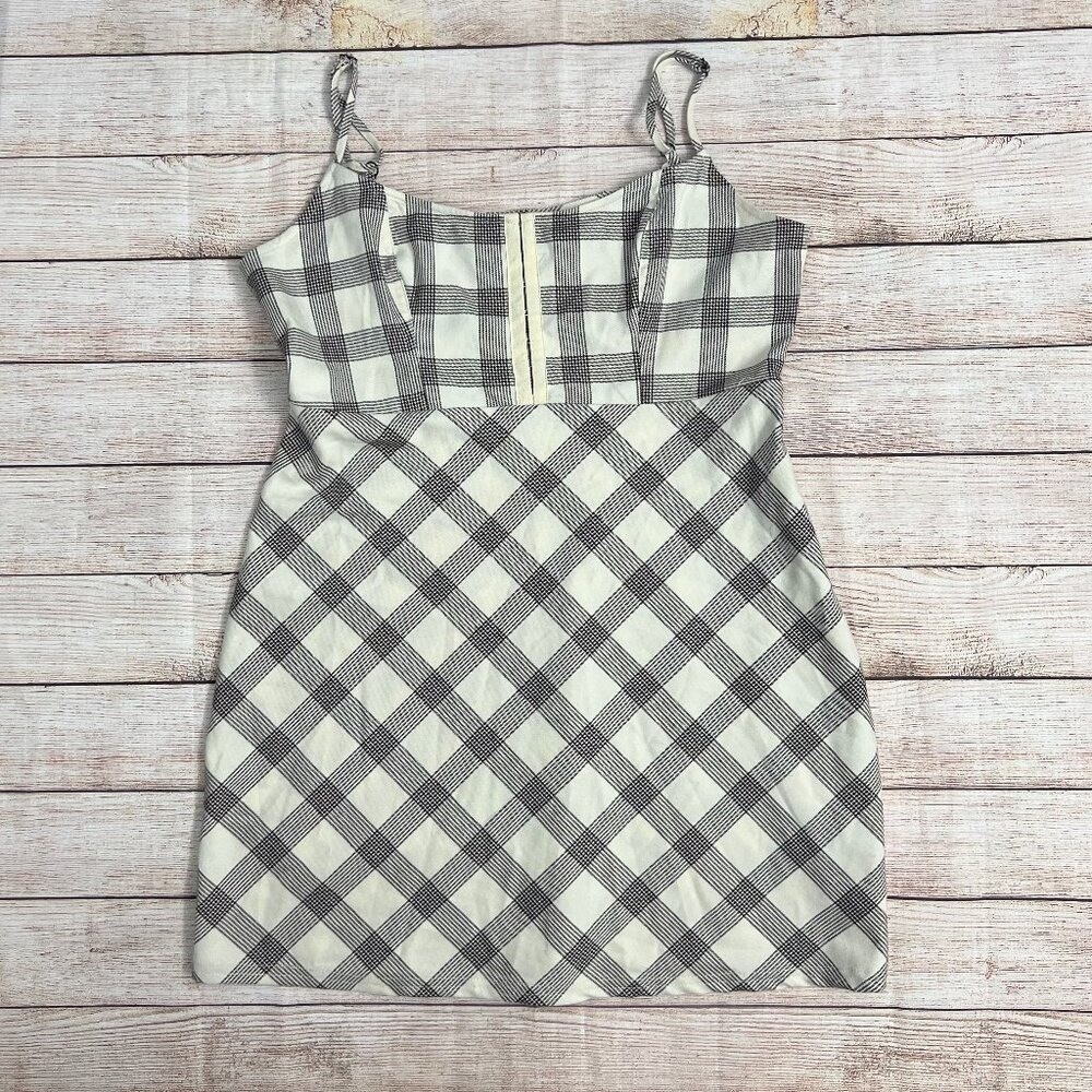 Urban Outfitters Plaid‎ Mini Dress Size Large Cream Black Hook Eye Straps